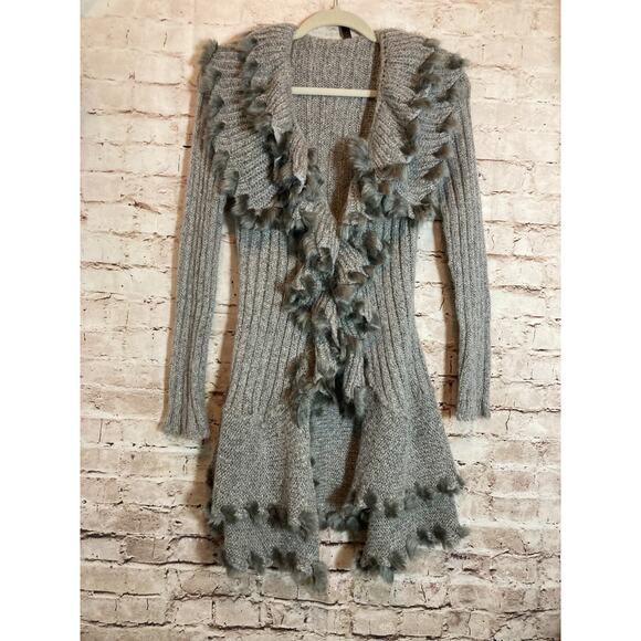 Lapis Sweater Womens Medium Gray Faux Fur Ruffle Trim Open Front Waterfall Cardi - Picture 1 of 13
